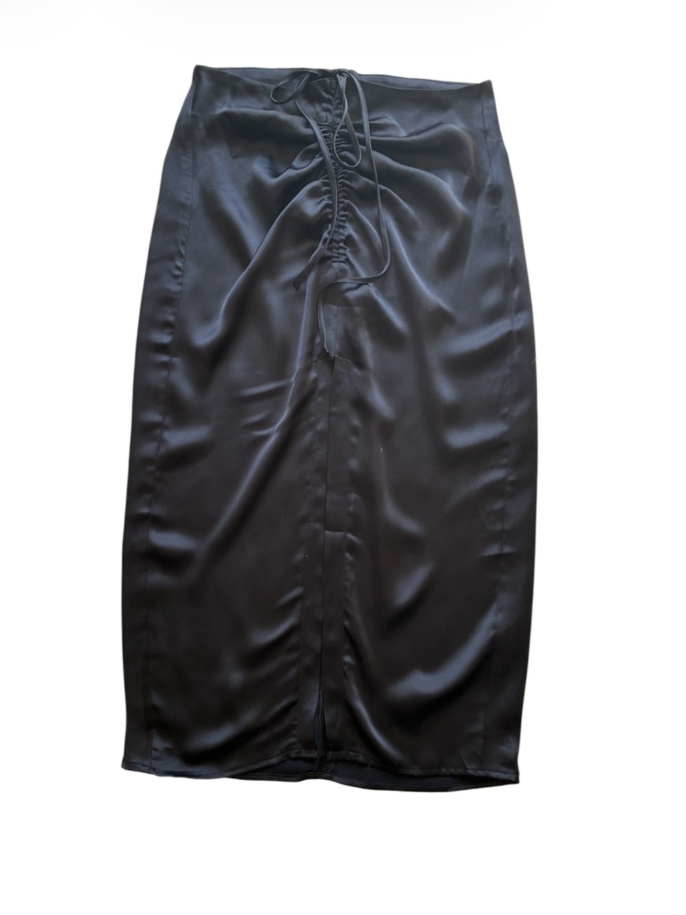 Dynamite Black Satin Ruched Drawstring Midi Slip Skirt with Slit Size XS